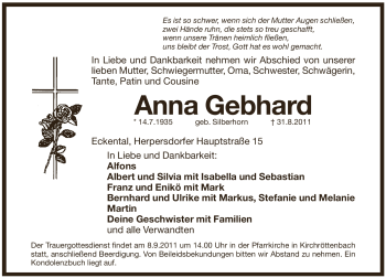 Traueranzeige von Anna Gebhard von Pegnitz-Zeitung